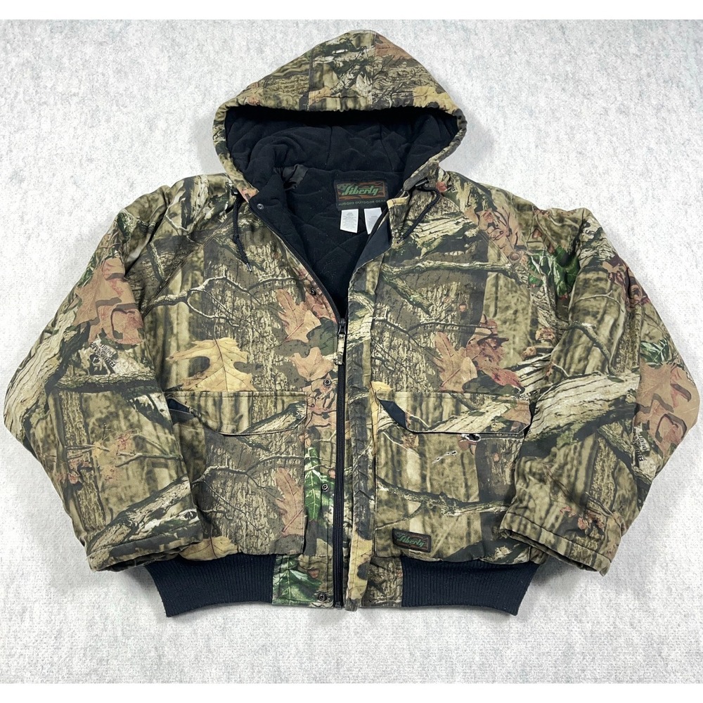 Liberty Mossy Oak Camo Jacket Men Large Hooded Quilt Lined Break Up Worn VTG
